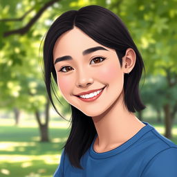 A digital portrait of a young adult person, looking confident and friendly, with shoulder-length dark brown hair, wearing a casual blue t-shirt