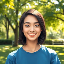 A digital portrait of a young adult person, looking confident and friendly, with shoulder-length dark brown hair, wearing a casual blue t-shirt