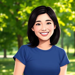 A digital portrait of a young adult person, looking confident and friendly, with shoulder-length dark brown hair, wearing a casual blue t-shirt