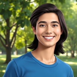 A digital portrait of a young adult person, looking confident and friendly, with shoulder-length dark brown hair, wearing a casual blue t-shirt