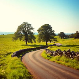An ancient road bordered by a low stone wall, winding through a lush green grass field dotted with wildflowers