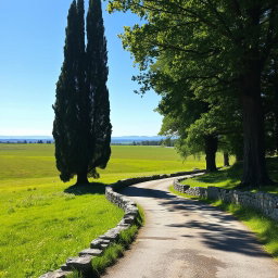 An ancient road bordered by a low stone wall, winding through a lush green grass field dotted with wildflowers