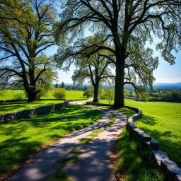 An ancient road bordered by a low stone wall, winding through a lush green grass field dotted with wildflowers