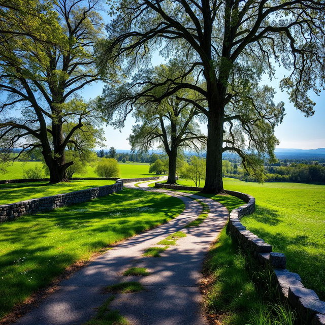 An ancient road bordered by a low stone wall, winding through a lush green grass field dotted with wildflowers