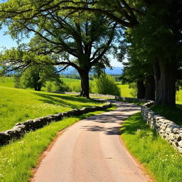 An ancient road bordered by a low stone wall, winding through a lush green grass field dotted with wildflowers
