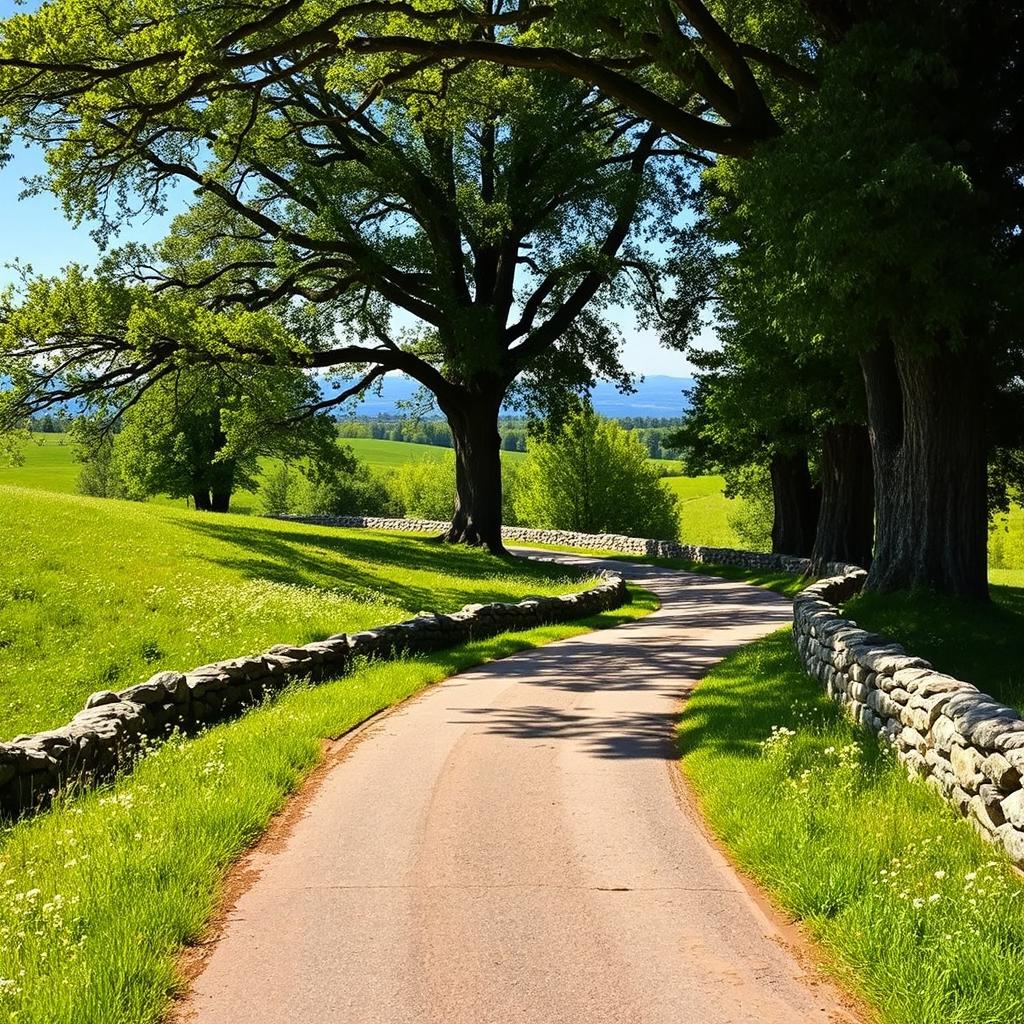 An ancient road bordered by a low stone wall, winding through a lush green grass field dotted with wildflowers