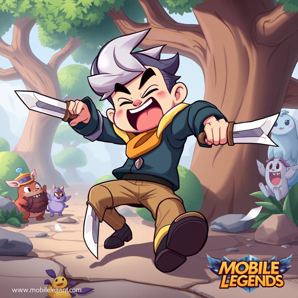 A humorous cartoon-style illustration of Gusion from Mobile Legends, depicted as a clumsy hero trying to use his daggers, but hilariously failing