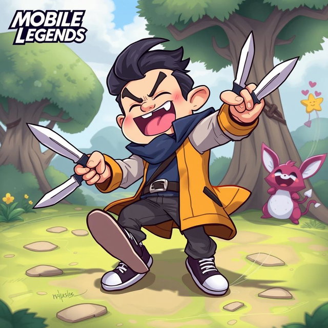 A humorous cartoon-style illustration of Gusion from Mobile Legends, depicted as a clumsy hero trying to use his daggers, but hilariously failing