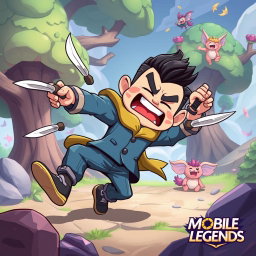 A humorous cartoon-style illustration of Gusion from Mobile Legends, depicted as a clumsy hero trying to use his daggers, but hilariously failing