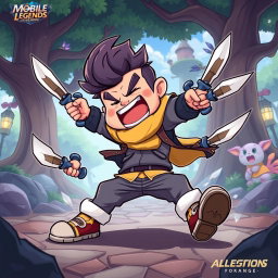 A humorous cartoon-style illustration of Gusion from Mobile Legends, depicted as a clumsy hero trying to use his daggers, but hilariously failing