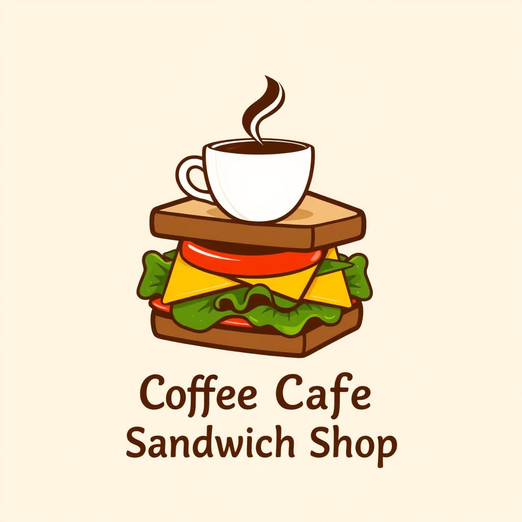 A modern logo design featuring a stylized sandwich with layers of lettuce, tomato, and cheese, incorporated with a steaming coffee cup resting on top of the sandwich