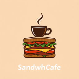 A modern logo design featuring a stylized sandwich with layers of lettuce, tomato, and cheese, incorporated with a steaming coffee cup resting on top of the sandwich