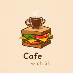A modern logo design featuring a stylized sandwich with layers of lettuce, tomato, and cheese, incorporated with a steaming coffee cup resting on top of the sandwich