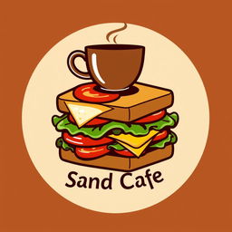 A modern logo design featuring a stylized sandwich with layers of lettuce, tomato, and cheese, incorporated with a steaming coffee cup resting on top of the sandwich