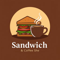 A creatively designed logo for a sandwich and coffee shop featuring a stylized sandwich silhouette with layers of fresh ingredients, alongside a steaming coffee cup
