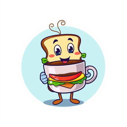 A playful and vibrant logo design featuring a cartoon-style sandwich holding a steaming cup of coffee