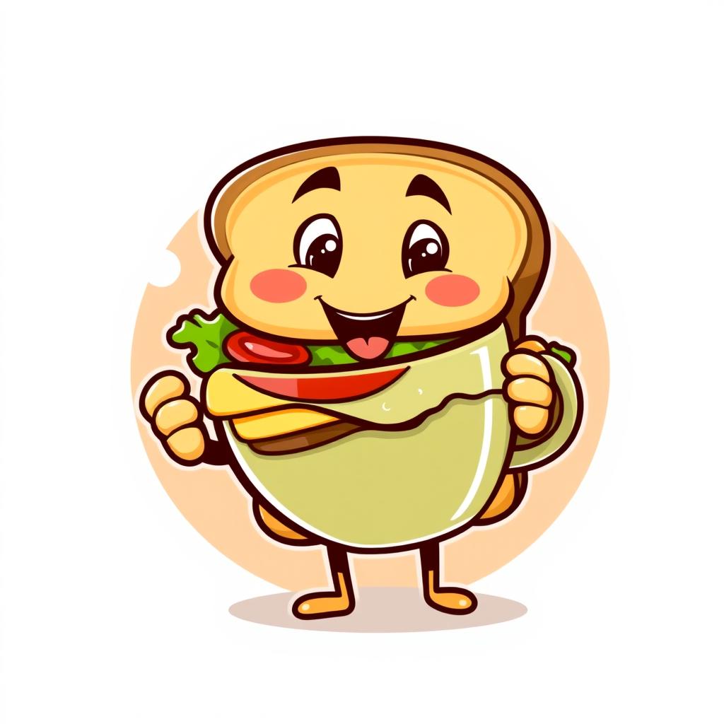 A playful and vibrant logo design featuring a cartoon-style sandwich holding a steaming cup of coffee