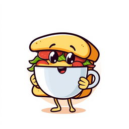 A playful and vibrant logo design featuring a cartoon-style sandwich holding a steaming cup of coffee