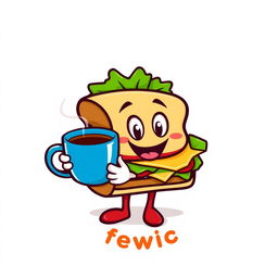 A creative and playful logo design featuring a cartoon-style sandwich character happily holding a steaming cup of coffee