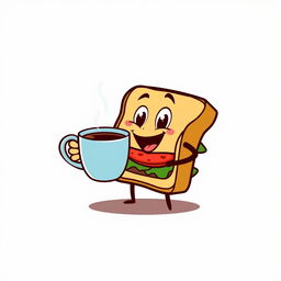 A creative and playful logo design featuring a cartoon-style sandwich character happily holding a steaming cup of coffee