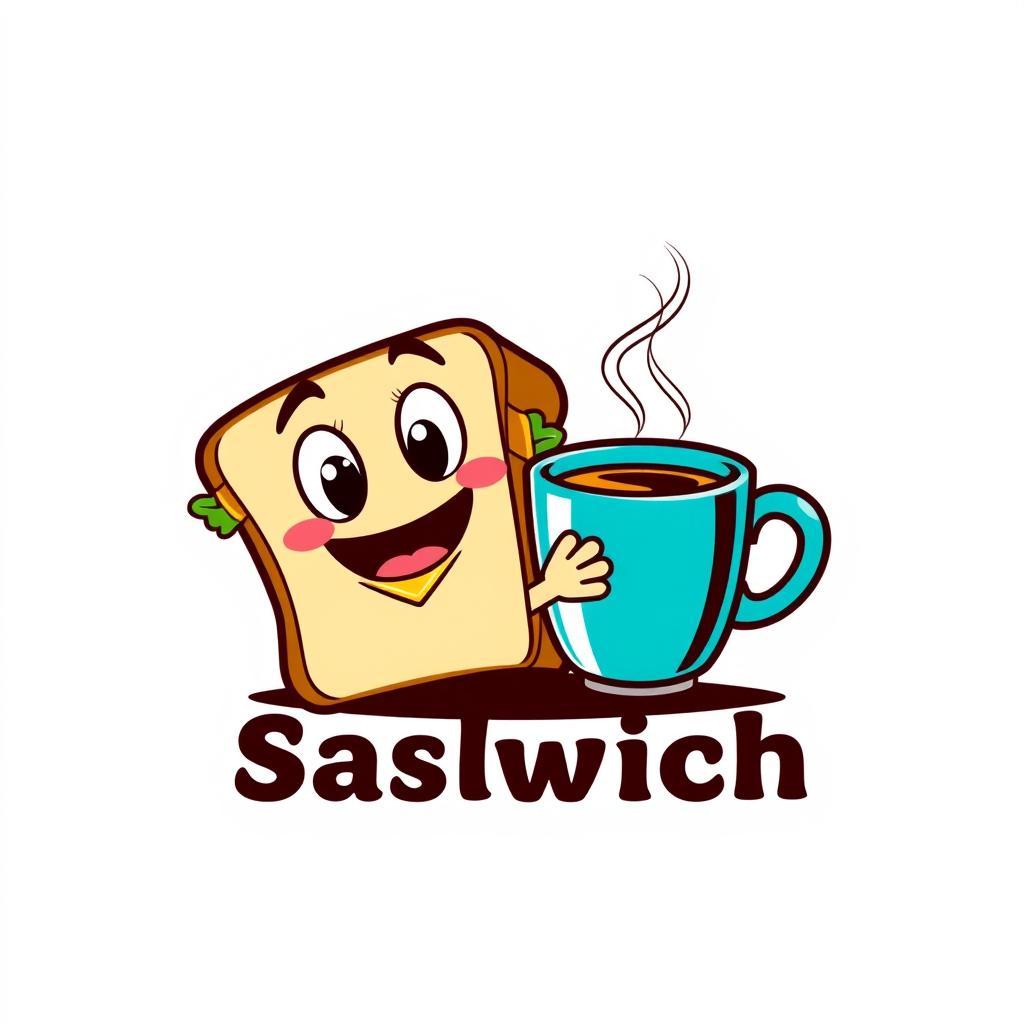 A creative and playful logo design featuring a cartoon-style sandwich character happily holding a steaming cup of coffee