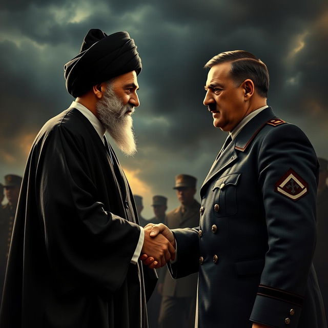 A powerful scene depicting Imam Khomeini and Adolf Hitler shaking hands in a dramatic, tense atmosphere