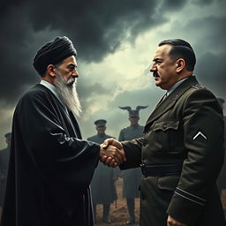 A powerful scene depicting Imam Khomeini and Adolf Hitler shaking hands in a dramatic, tense atmosphere