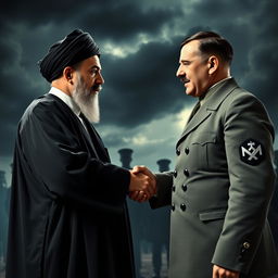 A powerful scene depicting Imam Khomeini and Adolf Hitler shaking hands in a dramatic, tense atmosphere