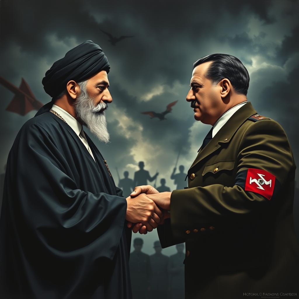 A powerful scene depicting Imam Khomeini and Adolf Hitler shaking hands in a dramatic, tense atmosphere