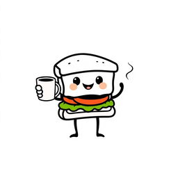 Create a minimalist logo featuring a cute and stylized sandwich character holding a cup of coffee