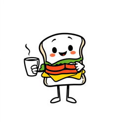 Create a minimalist logo featuring a cute and stylized sandwich character holding a cup of coffee