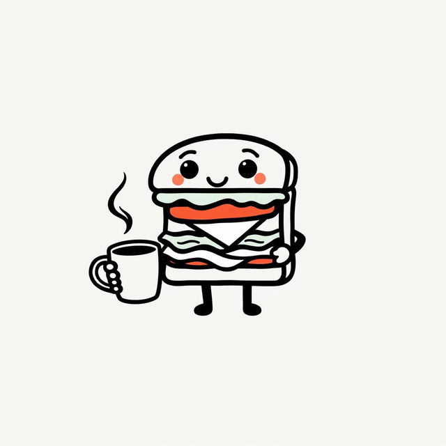 Create a minimalist logo featuring a cute and stylized sandwich character holding a cup of coffee