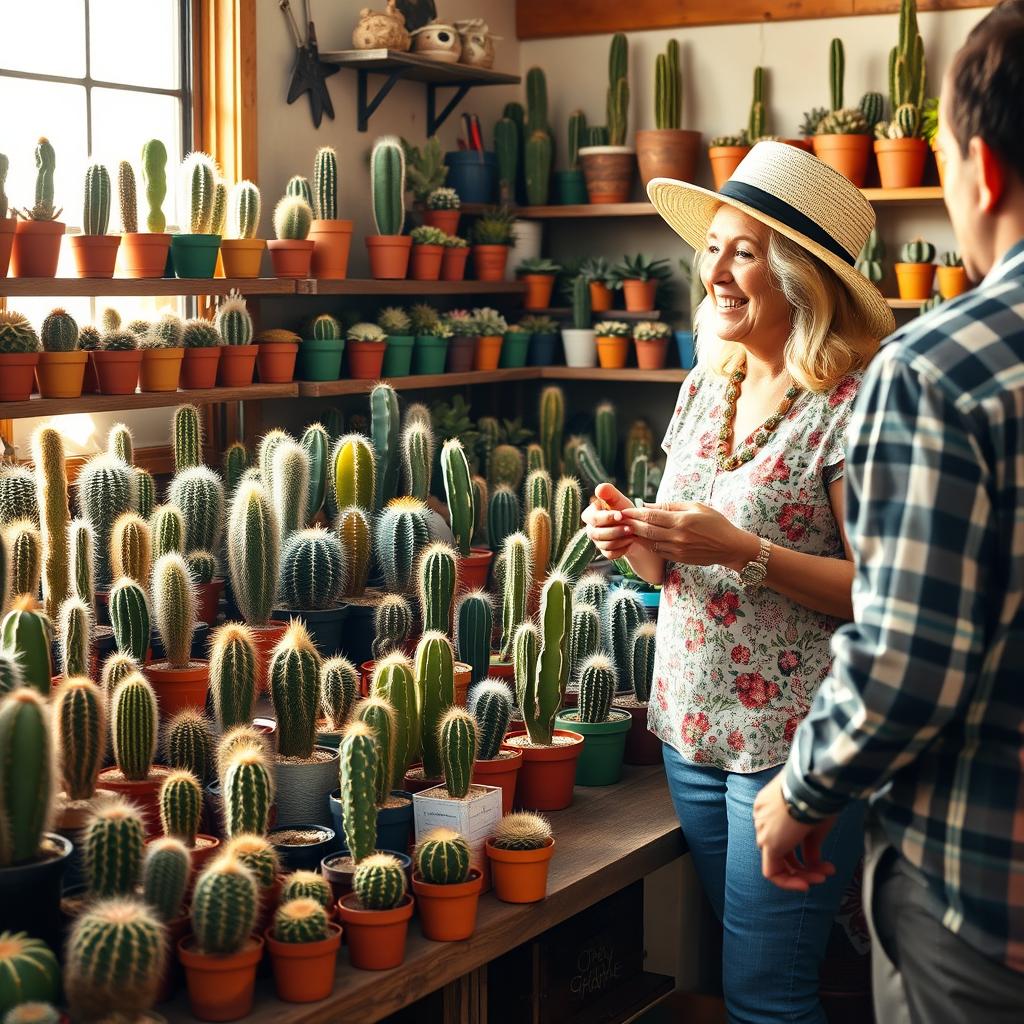 A vibrant cactus dealer's shop brimming with various types of cacti in colorful pots, showcasing a range of unique and exotic species