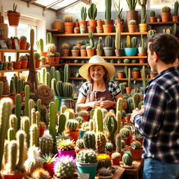 A vibrant cactus dealer's shop brimming with various types of cacti in colorful pots, showcasing a range of unique and exotic species