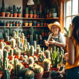A vibrant cactus dealer's shop brimming with various types of cacti in colorful pots, showcasing a range of unique and exotic species