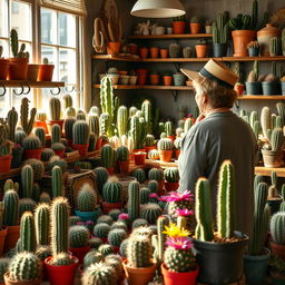 A vibrant cactus dealer's shop brimming with various types of cacti in colorful pots, showcasing a range of unique and exotic species