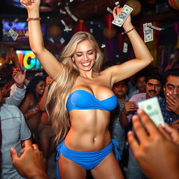 A vibrant scene inside a lively Indian dance bar featuring a female performer with long blonde hair, wearing a bright blue strapless bikini that accentuates her big cleavage
