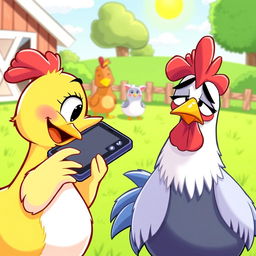 A charming cartoon scene depicting a playful chick on the left side, mischievously glancing at her smartphone with a cheeky smile, suggesting she's chatting with another chick