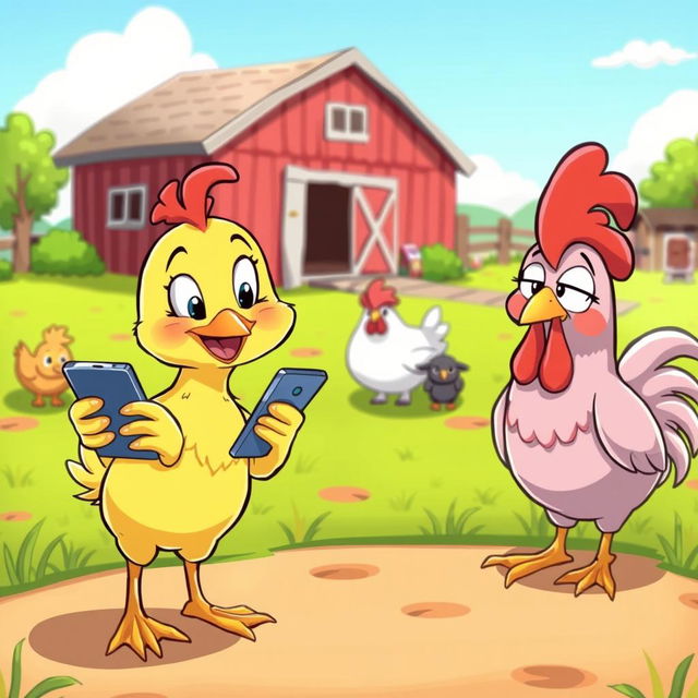 A charming cartoon scene depicting a playful chick on the left side, mischievously glancing at her smartphone with a cheeky smile, suggesting she's chatting with another chick