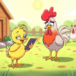 A charming cartoon scene depicting a playful chick on the left side, mischievously glancing at her smartphone with a cheeky smile, suggesting she's chatting with another chick