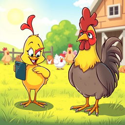A charming cartoon scene depicting a playful chick on the left side, mischievously glancing at her smartphone with a cheeky smile, suggesting she's chatting with another chick