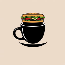 A sleek and modern logo design featuring a stylized black coffee cup, elegantly holding a delicious sandwich balanced on its rim