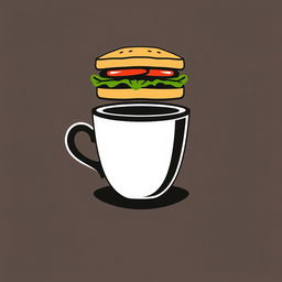 A sleek and modern logo design featuring a stylized black coffee cup, elegantly holding a delicious sandwich balanced on its rim