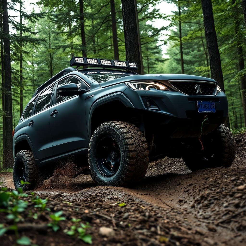 An offroad modified version of a first-generation Peugeot 5008, featuring rugged tires, a lifted suspension, and a custom matte black paint job