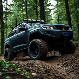 An offroad modified version of a first-generation Peugeot 5008, featuring rugged tires, a lifted suspension, and a custom matte black paint job