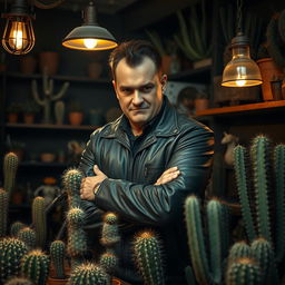 A suspicious male cactus dealer in a dimly lit shop, surrounded by various cacti in unusual shapes and sizes