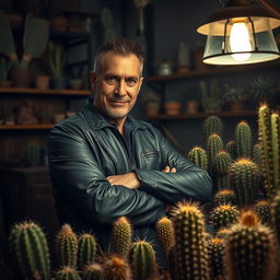 A suspicious male cactus dealer in a dimly lit shop, surrounded by various cacti in unusual shapes and sizes