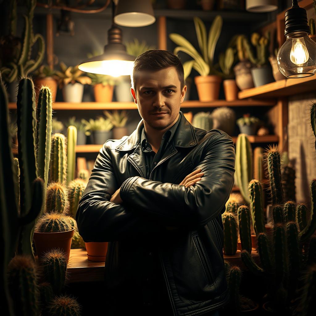 A suspicious male cactus dealer in a dimly lit shop, surrounded by various cacti in unusual shapes and sizes
