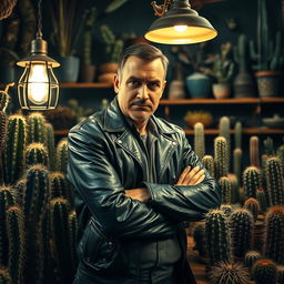 A suspicious male cactus dealer in a dimly lit shop, surrounded by various cacti in unusual shapes and sizes