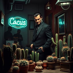A male cactus dealer with a suspicious appearance, dressed in a sharp black suit, stands in a dimly lit room that resembles a back-alley shop